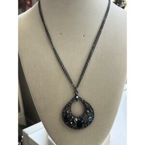 GUESS Gunmetal Black Rhinestone Teardrop Pendant Necklace 20”